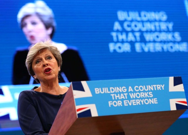 Britain's Prime Minister Theresa May addresses the Conservative Party conference in Manchester, October 4, 2017. REUTERS/Hannah McKay