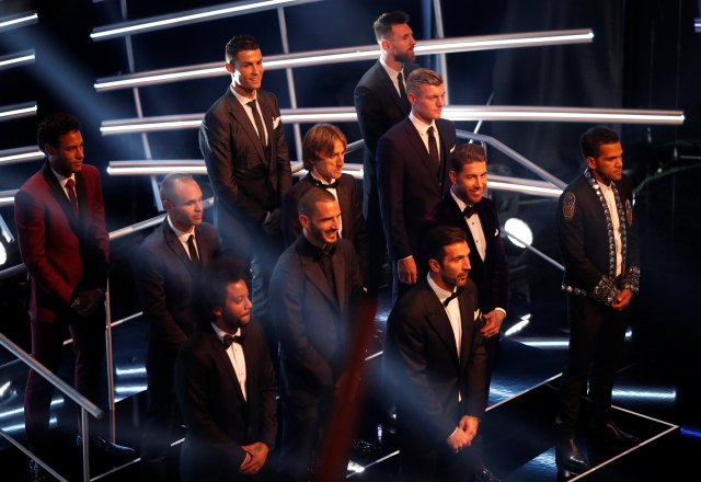 Soccer Football - The Best FIFA Football Awards - London Palladium, London, Britain - October 23, 2017   Paris Saint-Germain’s Neymar, Real Madrid’s Cristiano Ronaldo, Barcelona’s Lionel Messi, Barcelona’s Andres Iniesta, Real Madrid’s Luka Modric, Real Madrid’s Toni Kroos, Paris Saint-Germain’s Dani Alves, Real Madrid’s Sergio Ramos, AC Milan's Leonardo Bonucci, Real Madrid’s Marcelo and Juventus’ Gianluigi Buffon are selected in the FIFA FIFPro World 11 during the awards   Action Images via Reuters/John Sibley