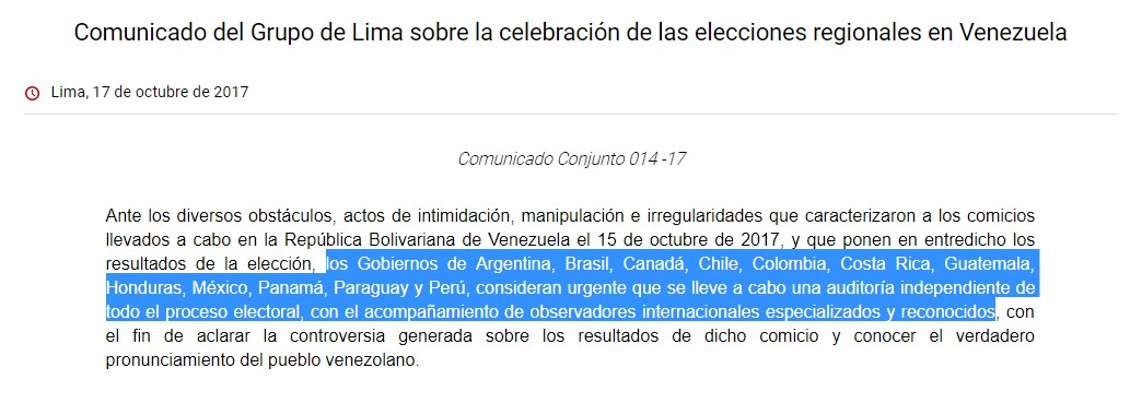 El Grupo de Lima pide ayuda a la ONU para atender la crisis venezolana