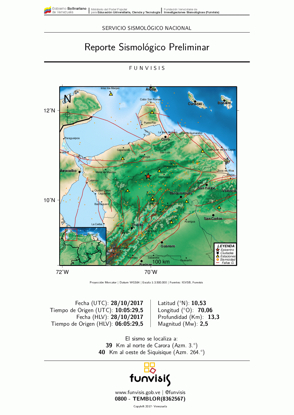 Sismo de magnitud 2.5 al norte de Carora