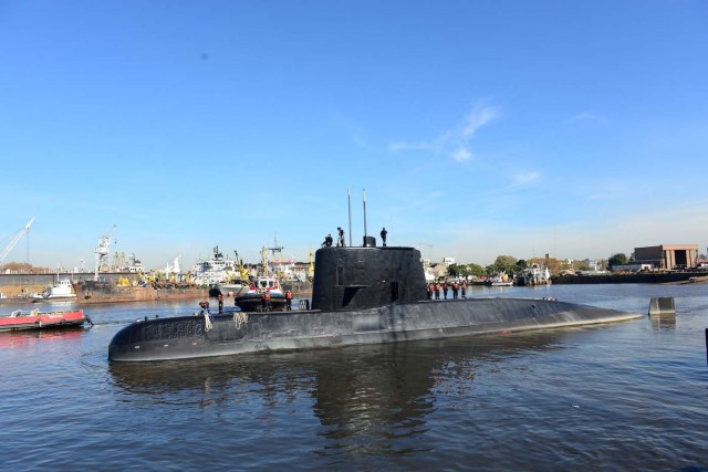 The Argentine military submarine ARA San Juan and crew are seen leaving the port of Buenos Aires, Argentina June 2, 2014. Picture taken on June 2, 2014. Armada Argentina/Handout via REUTERS ATTENTION EDITORS - THIS IMAGE WAS PROVIDED BY A THIRD PARTY. TPX IMAGES OF THE DAY