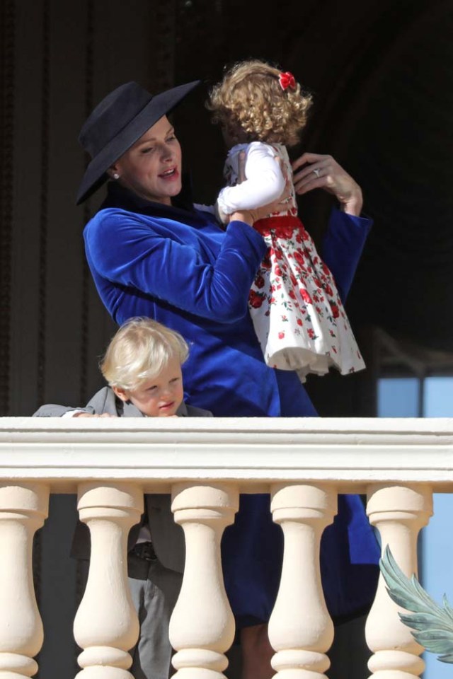 Princess Charlene and her twins Prince Jacques and Princess Gabriella stand at the Palace Balcony during the celebrations marking Monaco's National Day, November 19, 2017. REUTERS/Eric Gaillard