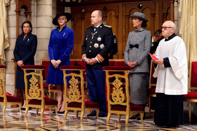 (L to R) Princess Stephanie of Monaco, Princess Charlene of Monaco, Prince Albert II of Monaco and Princess Caroline of Hanover attend a mass at the Saint Nicholas Cathedral during the celebrations marking Monaco's National Day in Monaco, November 19, 2017. REUTERS/Eric Gaillard