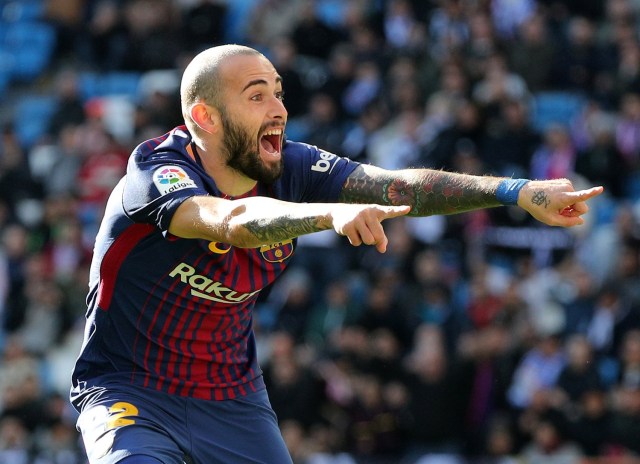 Soccer Football - La Liga Santander - Real Madrid vs FC Barcelona - Santiago Bernabeu, Madrid, Spain - December 23, 2017   Barcelona’s Aleix Vidal celebrates scoring their third goal    REUTERS/Sergio Perez