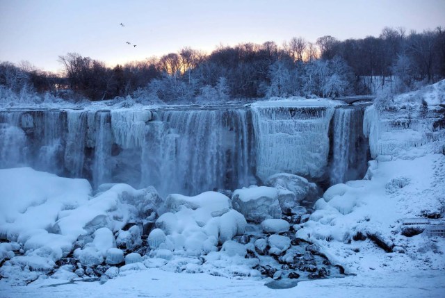 A group of birds fly past ice and water flowing over the American Falls, viewed from the Canadian side in Niagara Falls, Ontario, Canada, January 3, 2018. REUTERS/Aaron Lynett