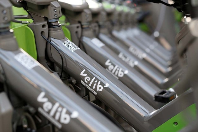 The logo of new Velib' Metropole self-service public bike by the Smovengo are seen on bicycles at a distribution point in Paris, France January 8, 2018. REUTERS/Gonzalo Fuentes