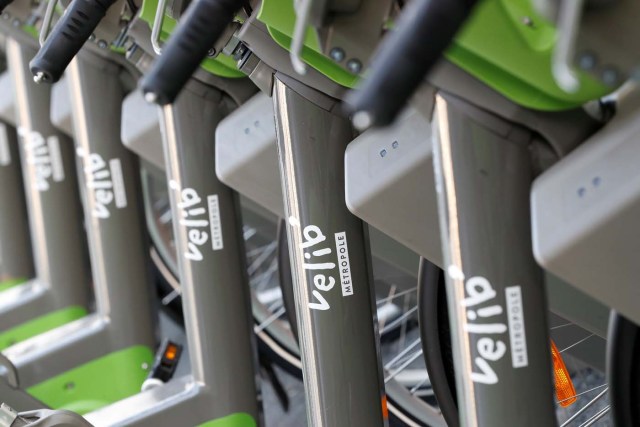 The logo of new Velib' Metropole self-service public bike by the Smovengo are seen on bicycles at a distribution point in Paris, France January 8, 2018. REUTERS/Gonzalo Fuentes