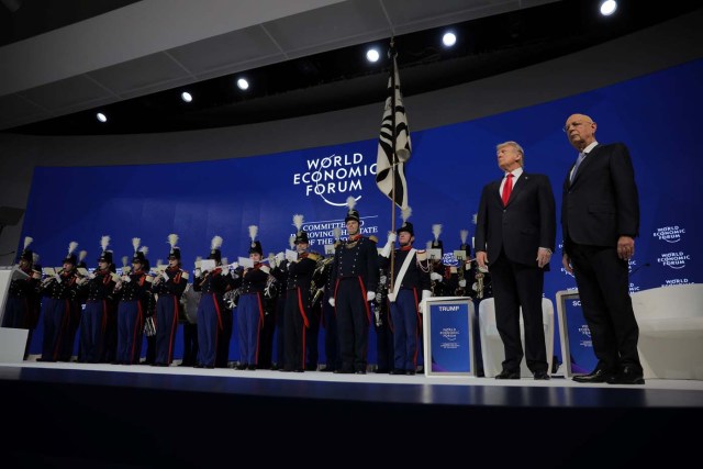 U.S. President Donald Trump and Klaus Schwab, Founder and Executive Chairman of the WEF, look on during the World Economic Forum (WEF) annual meeting in Davos, Switzerland January 26, 2018. REUTERS/Carlos Barria