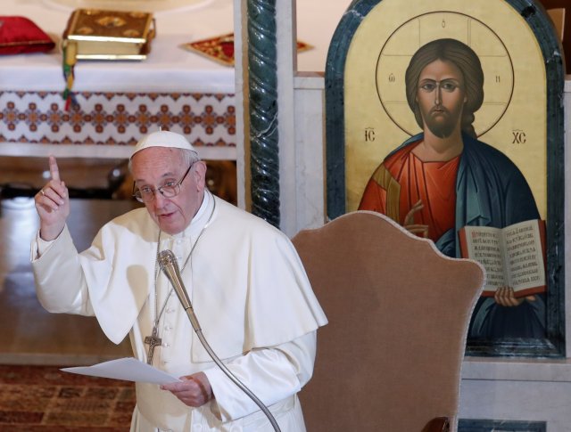 Pope Francis delivers his speech as he attends a meeting with Ukrainian Greek Catholic community during his visit to the Basilica of Santa Sofia in Rome, Italy, January 28, 2018. REUTERS/Remo Casilli