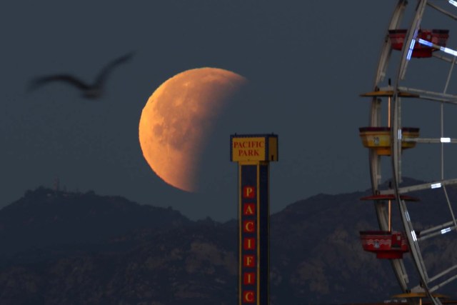 A lunar eclipse of a full "Blue Moon" is seen above the ferris wheel on the Santa Monica Pier in Santa Monica, California, U.S., January 31, 2018. REUTERS/Lucy Nicholson