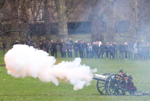 Members of the King’s Troop Royal Horse Artillery fire a 41 gun salute to mark the 66th anniversary of Britain's Queen Elizabeth's accession to the throne, in Green Park, London, February 6, 2018. REUTERS/Hannah McKay