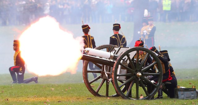 Members of the King’s Troop Royal Horse Artillery fire a 41 gun salute to mark the 66th anniversary of Britain's Queen Elizabeth's accession to the throne, in Green Park, London, February 6, 2018. REUTERS/Hannah McKay