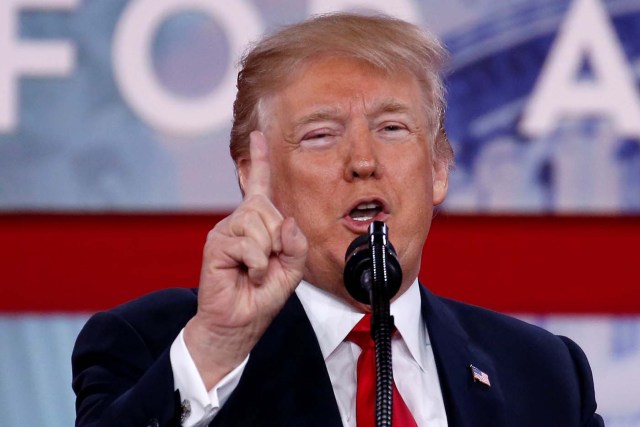 U.S. President Donald Trump speaks at the Conservative Political Action Conference (CPAC) at National Harbor, Maryland, U.S., February 23, 2018.      REUTERS/Joshua Roberts