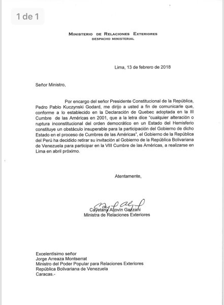 Carta de la canciller de Perú 