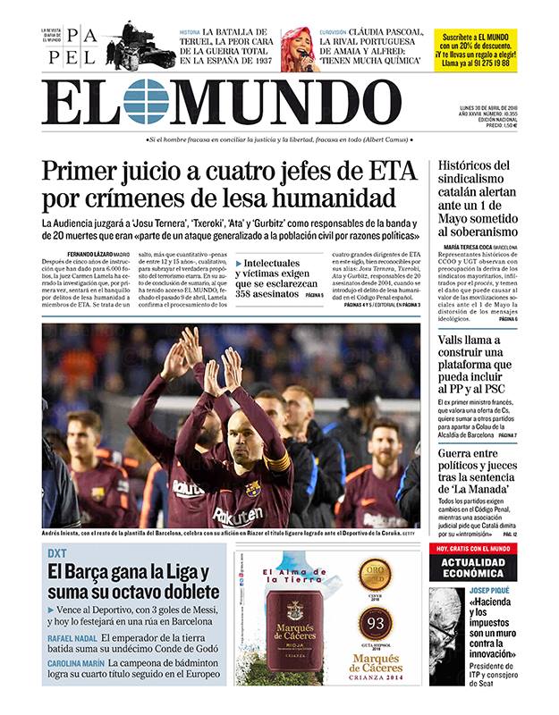 Portadas de la prensa internacional de este lunes 30 de abril de 2018