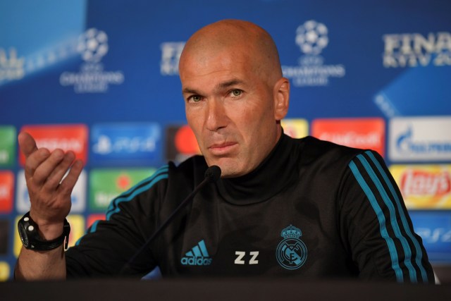 Fútbol - Final Liga de Campeones - Conferencia de prensa del Real Madrid, NSC Olympic Stadium, Kiev, Ucrania - 25 de mayo, 2018 - El técnico del Real Madrid, Zinedine Zidane, participa de una conferencia de prensa previa a la final de la Liga de Campeones. UEFA/Pool via REUTERS