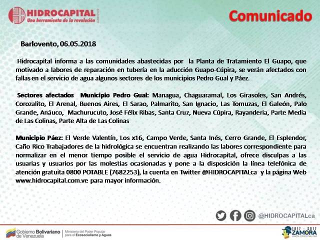 Hidrocapital comunicado