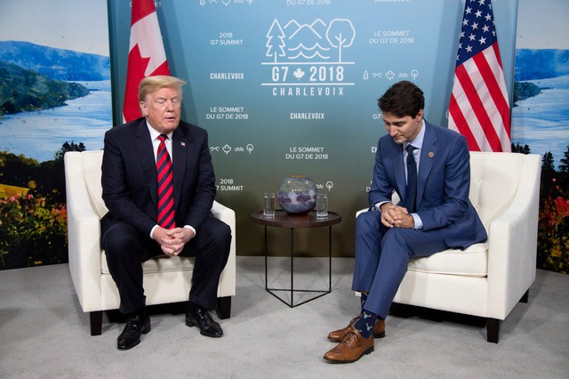 Canada's Prime Minister Justin Trudeau (R) meets with U.S. President Donald Trump during the G7 Summit in the Charlevoix town of La Malbaie, Quebec, Canada, June 8, 2018.  Photo taken June 8, 2018. REUTERS/Christinne Muschi