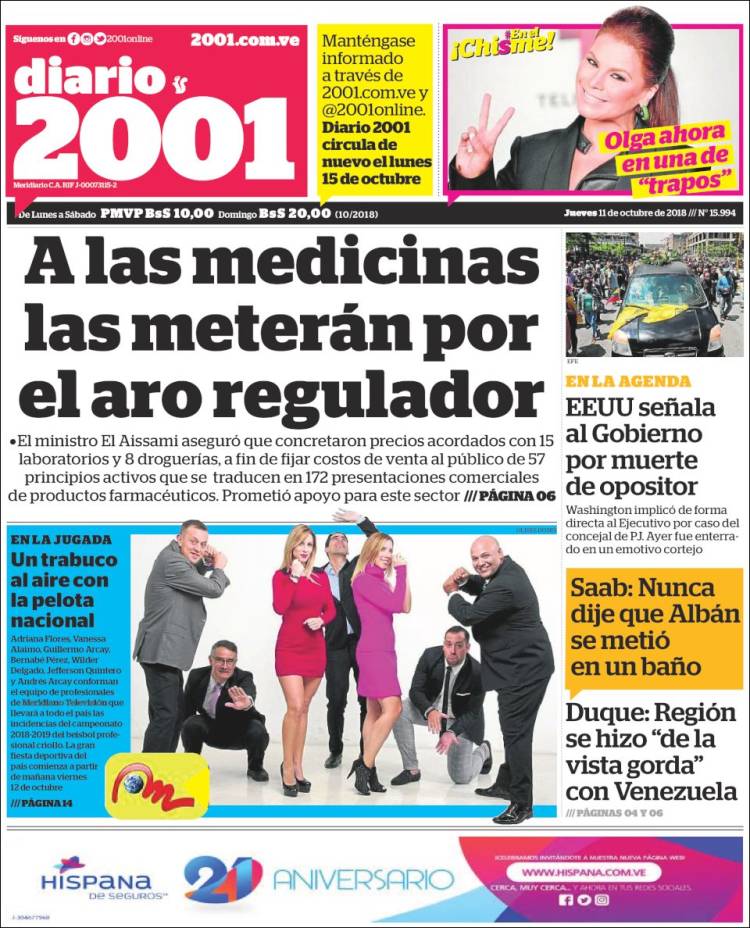 Portadas de este jueves 11 de octubre de 2018