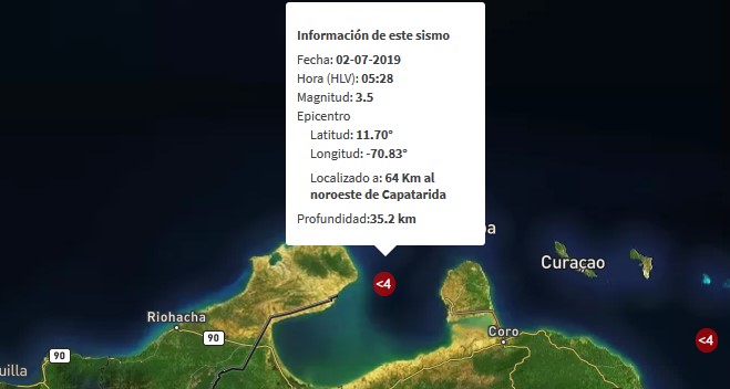 Sismo de magnitud 3.5 al noroeste de Falcón