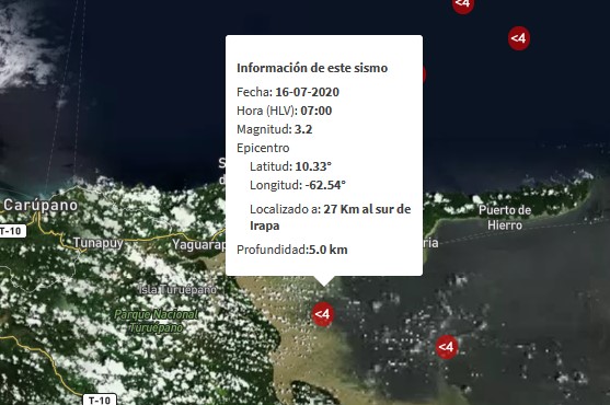 Sismo de magnitud 3.2 en Irapa