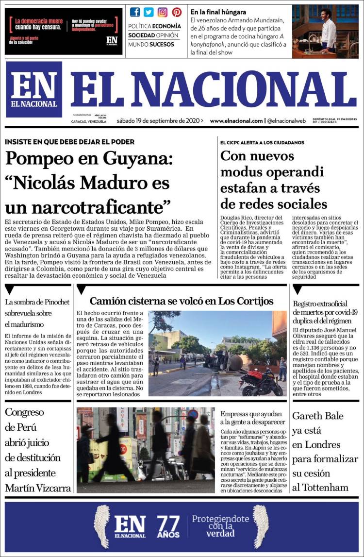 Portadas de este sábado 19 de septiembre de 2020