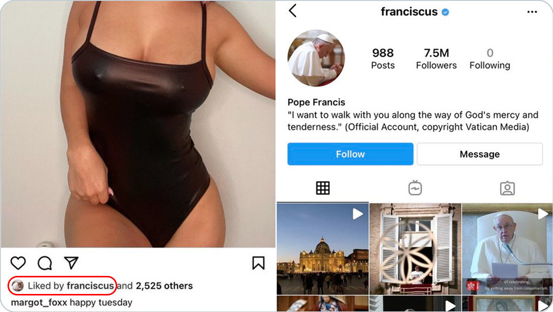 Modelo de contenido para adultos asegura que la cuenta del papa Francisco en Instagram le dio me gusta a una foto suya en traje de baño