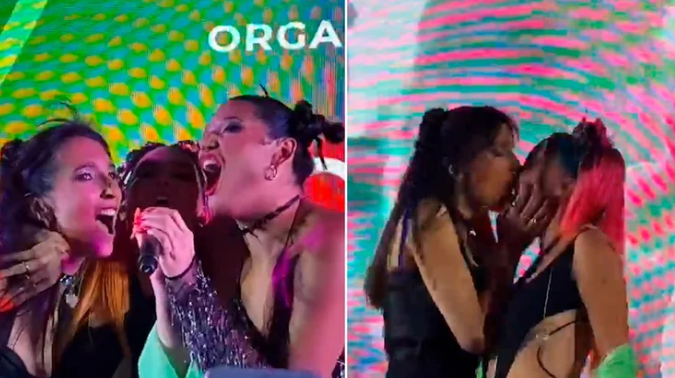 ¡Ah bueno! Belinda se cayó a “latas” con dos mujeres durante un concierto (Video)