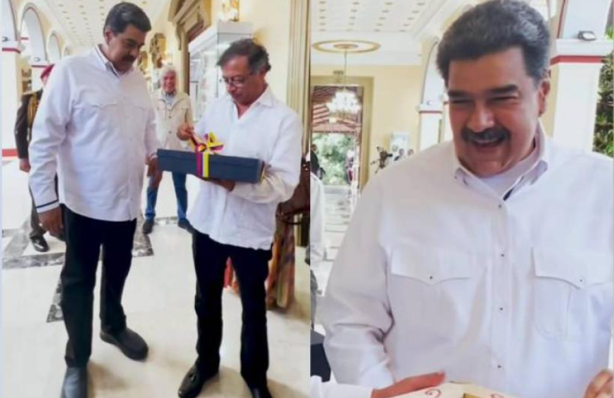 La burlesca reacción de Maduro al destapar los regalos que le dio Petro (VIDEO)