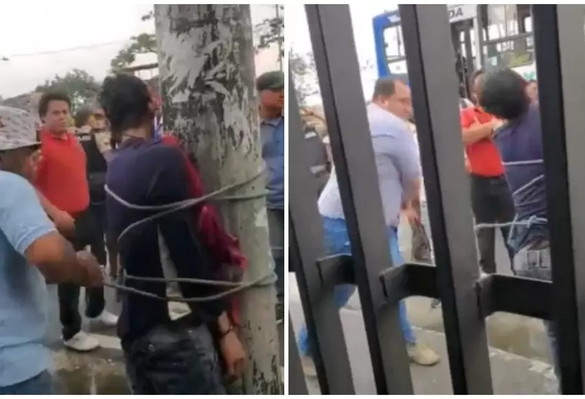 VIDEO: A ladrón lo atraparon in fraganti, lo ataron a un poste y le dieron una tunda de correazos