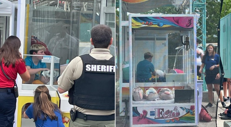 Niño desesperado por un juguete de premio quedó atrapado en una máquina de feria (Fotos)