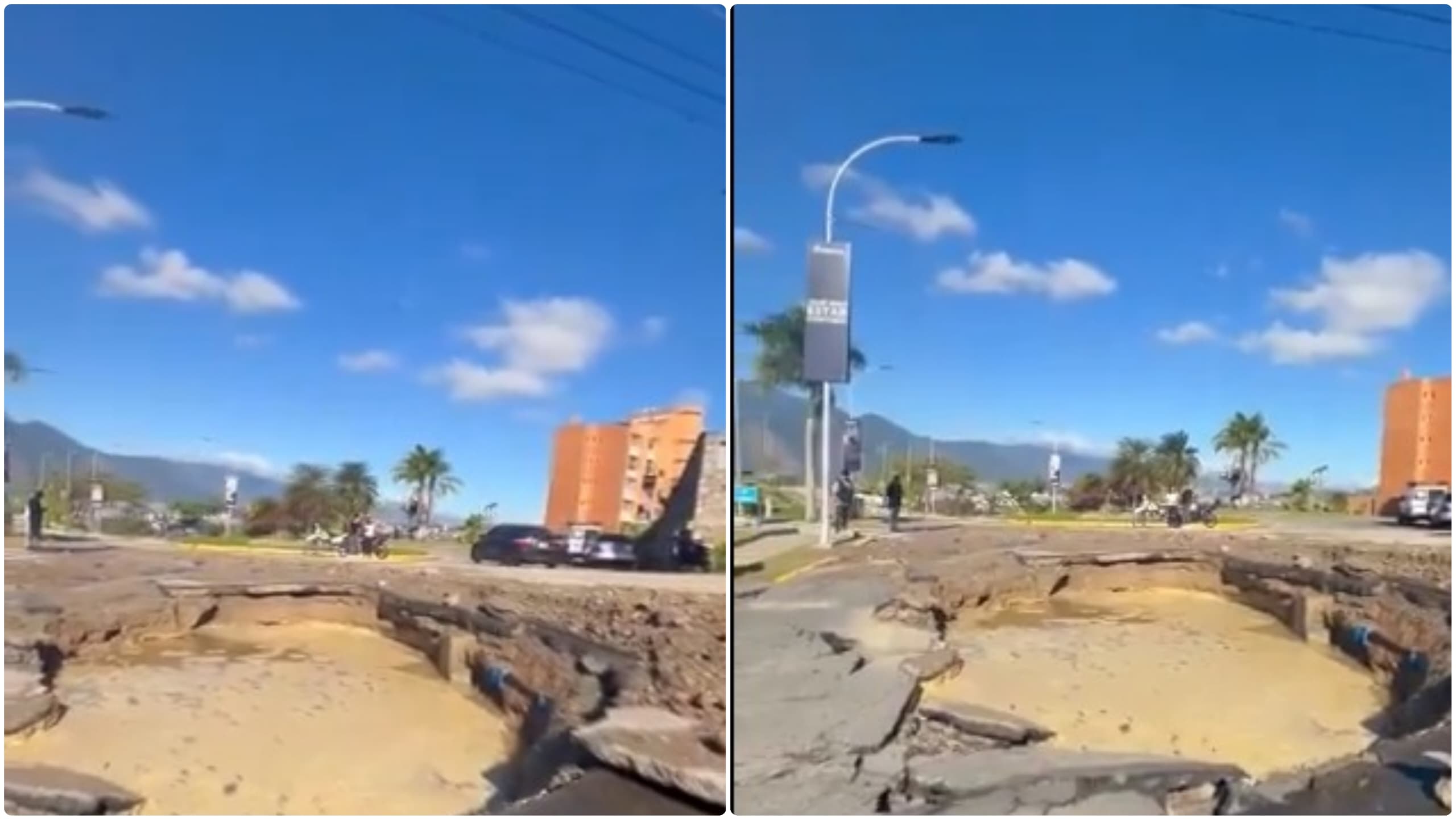 El mega hueco que dejó la rotura de una tubería matriz en Los Naranjos este #17Ene (VIDEOS)