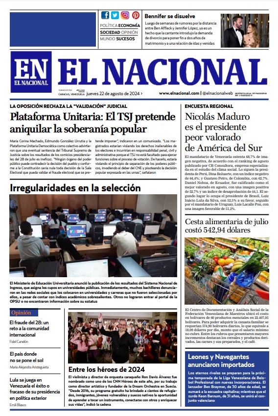 Portadas de este jueves 22 de agosto de 2024