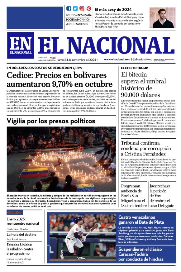 Portadas de este jueves 14 de noviembre de 2024